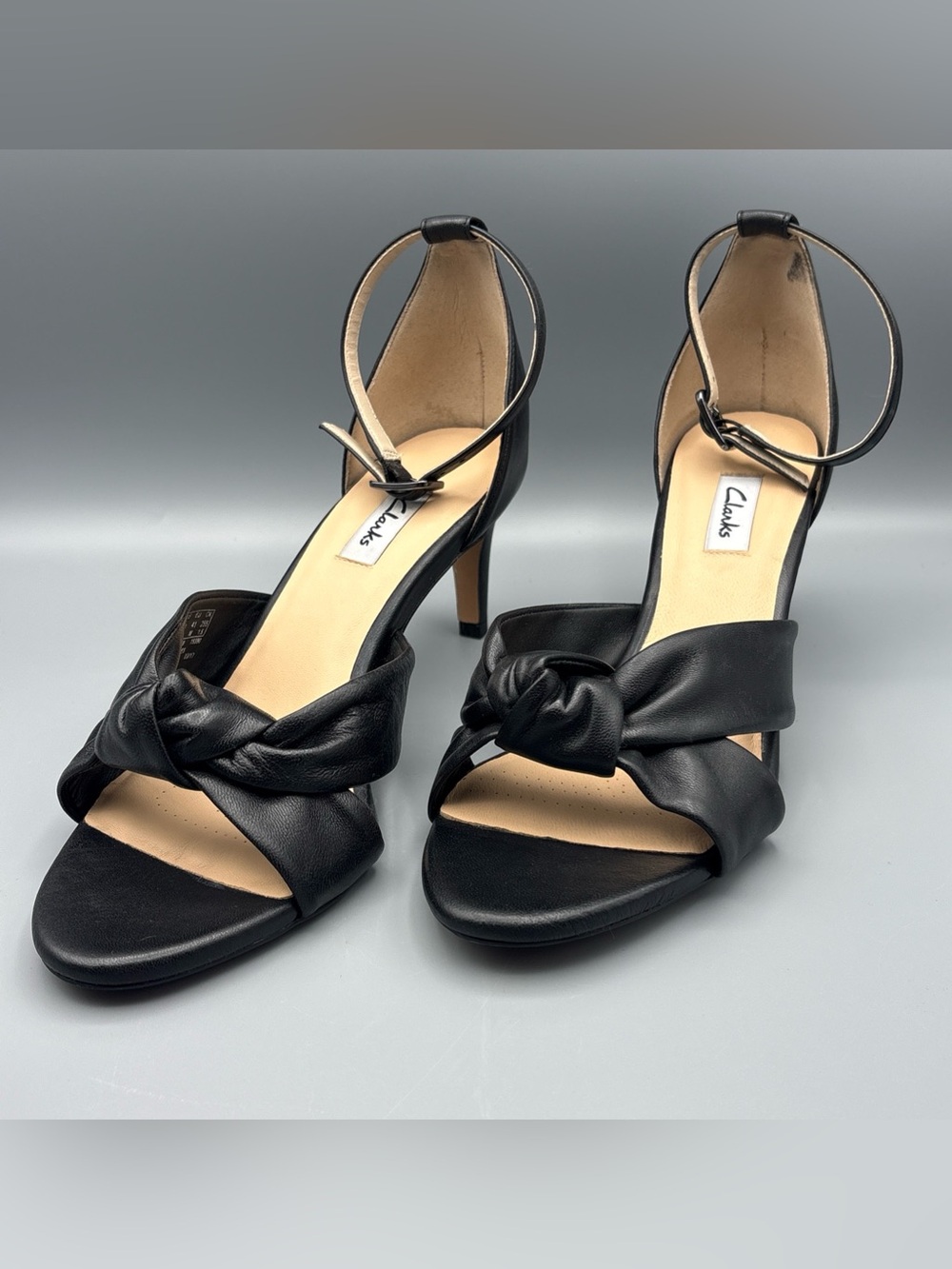 Clarks Black Leather Knotted Front Ankle-Strap Heels NIB
